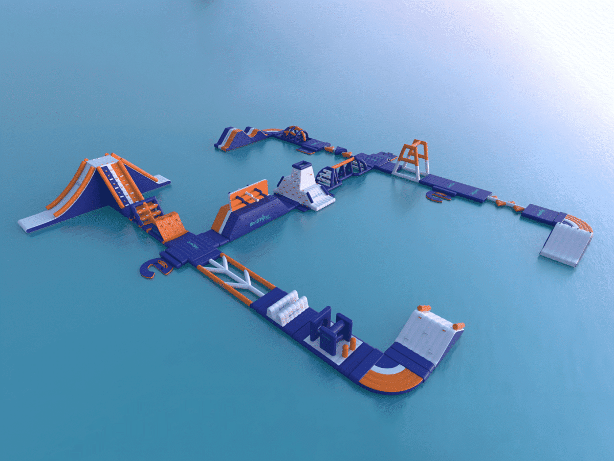 Parc aquatique L composé de modules gonflables BimB'Pulse Inflatable water park