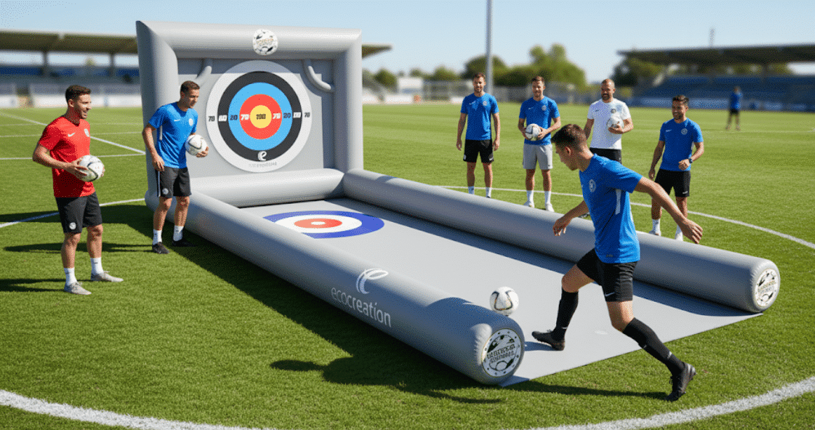 Piste gonflable multi activité cible foot velchro et piste curling